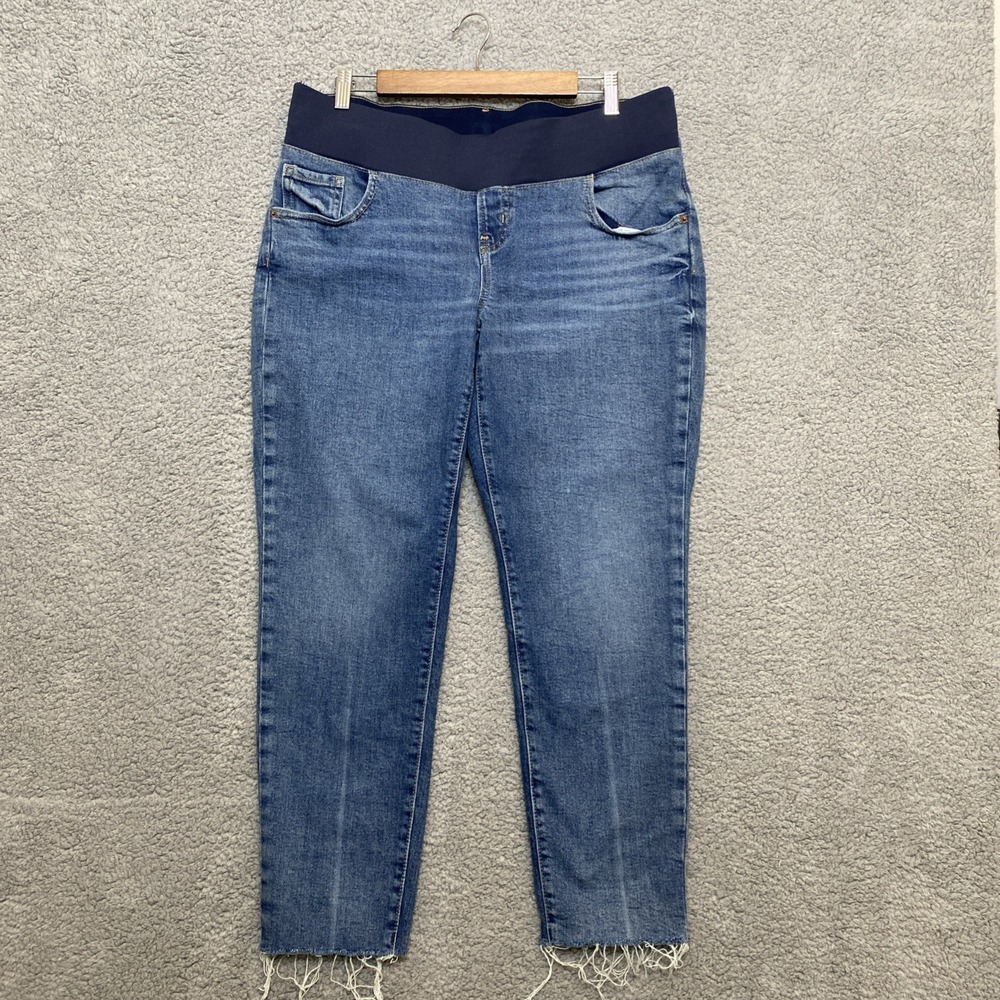 Old Navy OG Straight Maternity Jeans Women 14 Blue Denim Low Front Panel Raw Hem